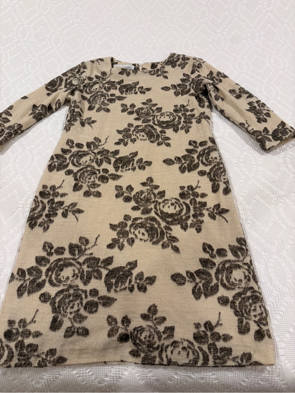 Sara Campbell Beige Knit Long Sleeved Shift Dress with Dark Floral Print
